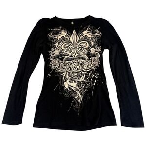 Vintage EJEL Tee Shirt Women's L Black Fleur De Lis Rose Graphic Long Sleeve Y2K